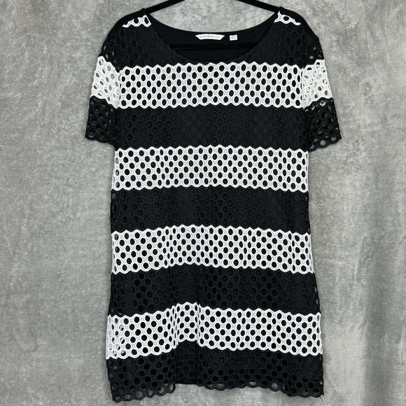 Isaac Mizrahi 2X Shirt Top Black White Striped Short Sleeve Scoop Neck Stretch - Picture 1 of 7